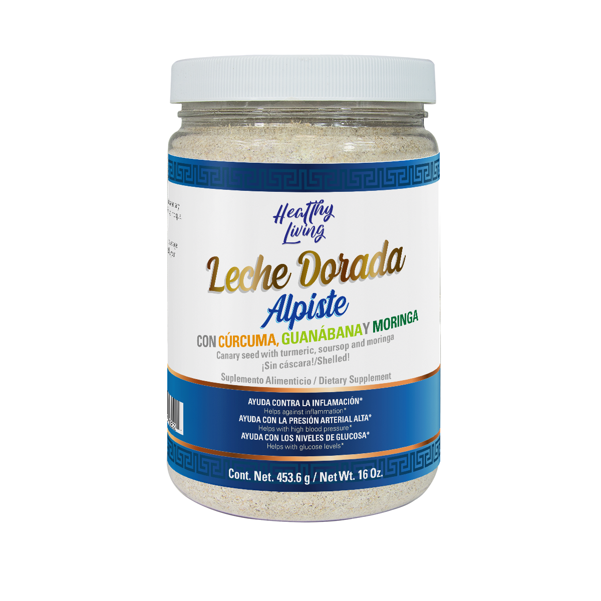 Leche Dorada Alpiste, Curcuma, Guanabana y Moringa / Canary Seed with Turmeric, Soursop, and Moringa 16 Oz